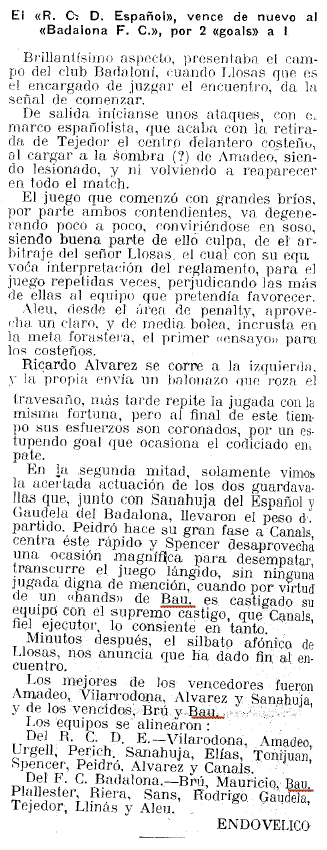 Agosto 1922. El Badalona pierde contra el Español 2-1 con un 'hands' de Bau.